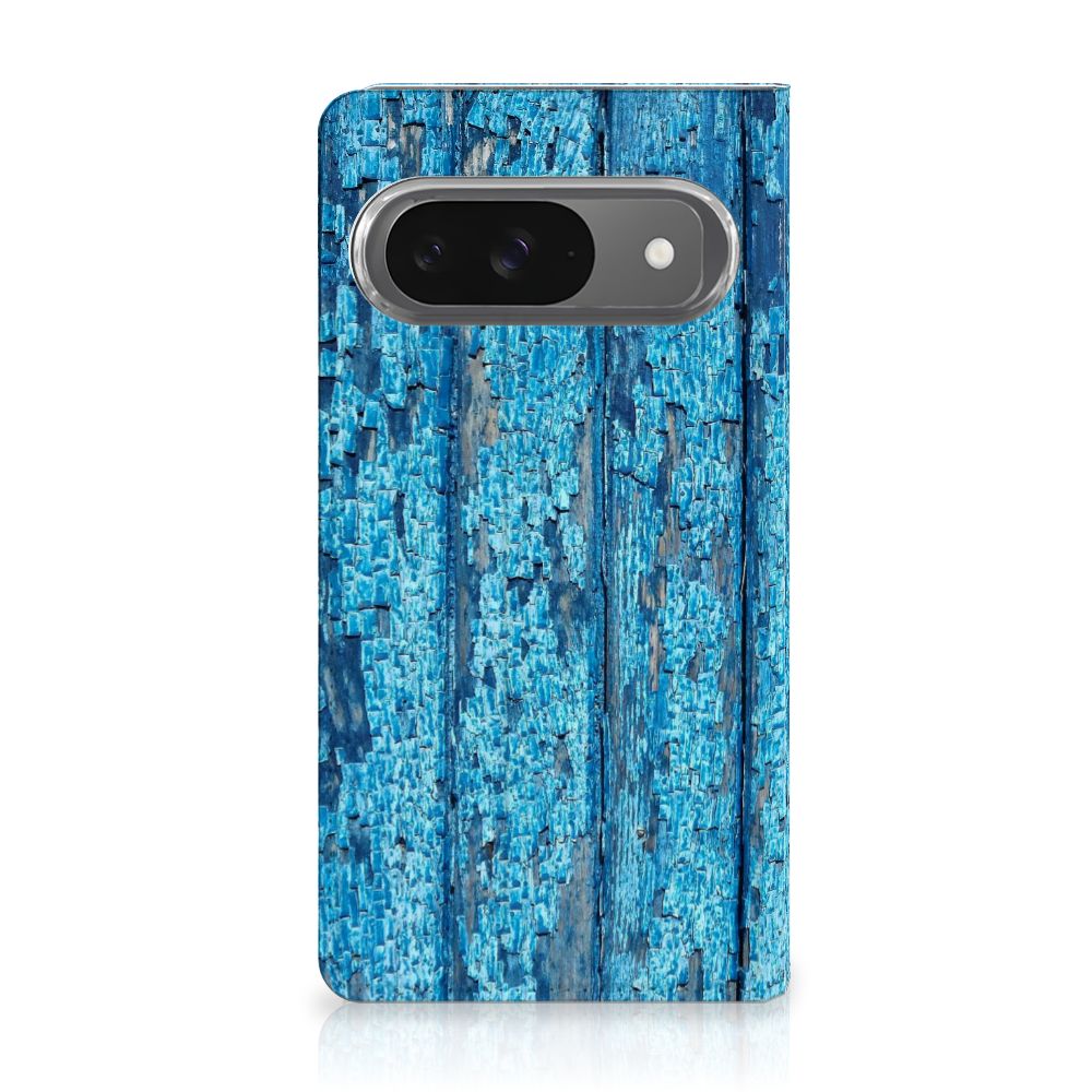 Google Pixel 9 | 9 Pro Book Wallet Case Wood Blue blauw afgebladderd hout voorzijde