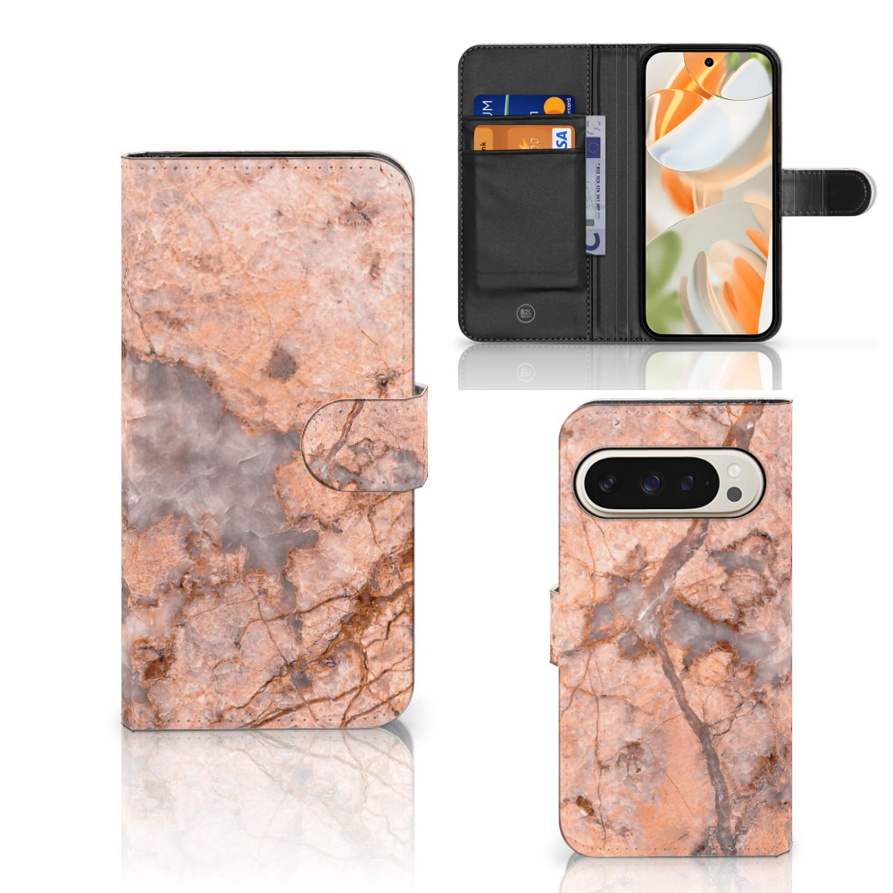 Google Pixel 9 | 9 Pro Bookcase Marmer Oranje bookcase marmer oranje voorkant zijkant binnenkant