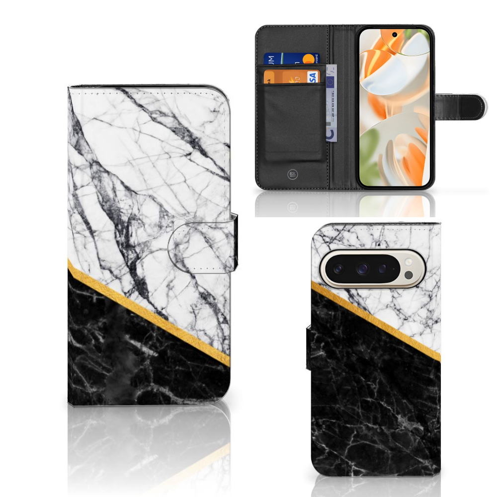 Google Pixel 9 | 9 Pro Bookcase Marmer Wit Zwart design marmer zwart wit aanzicht