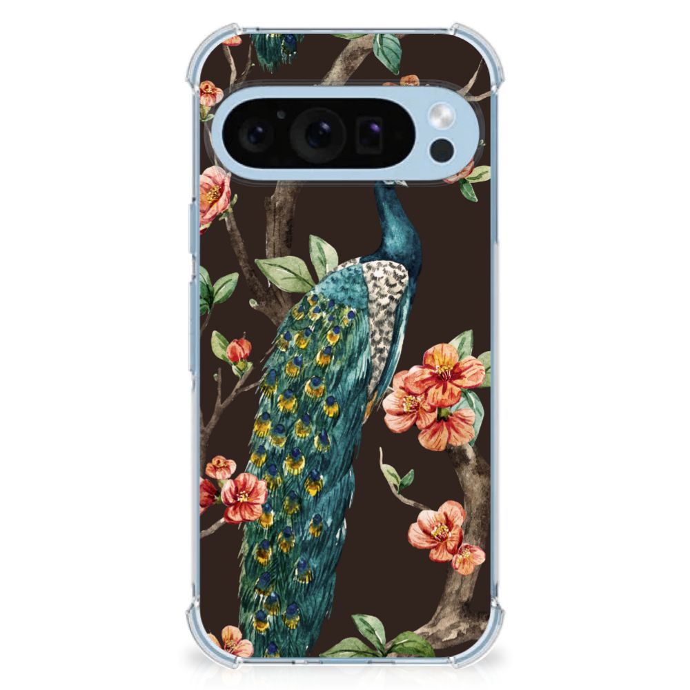 Google Pixel 9 | 9 Pro Case Anti-shock Pauw met Bloemen design pauw bloemen aanzicht