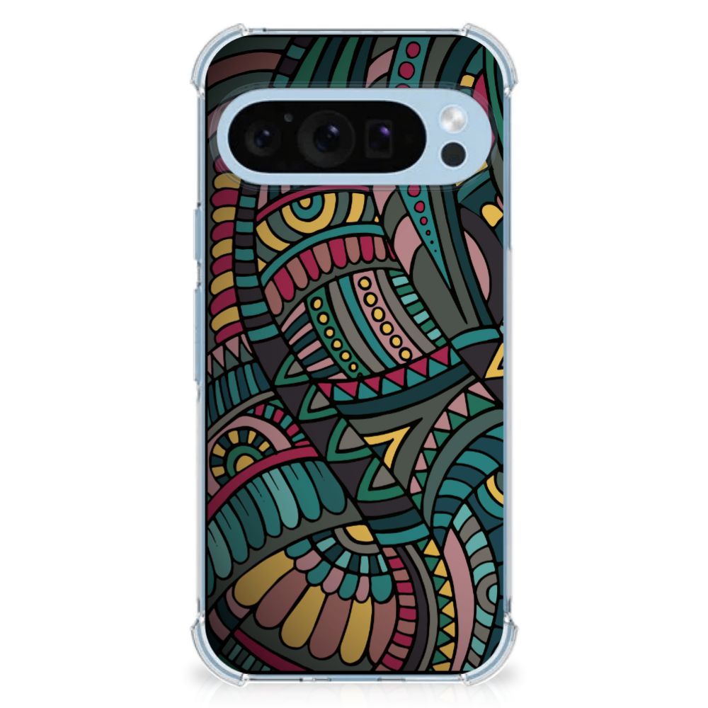 Google Pixel 9 | 9 Pro Doorzichtige Silicone Hoesje Aztec kleurrijk design voorkant