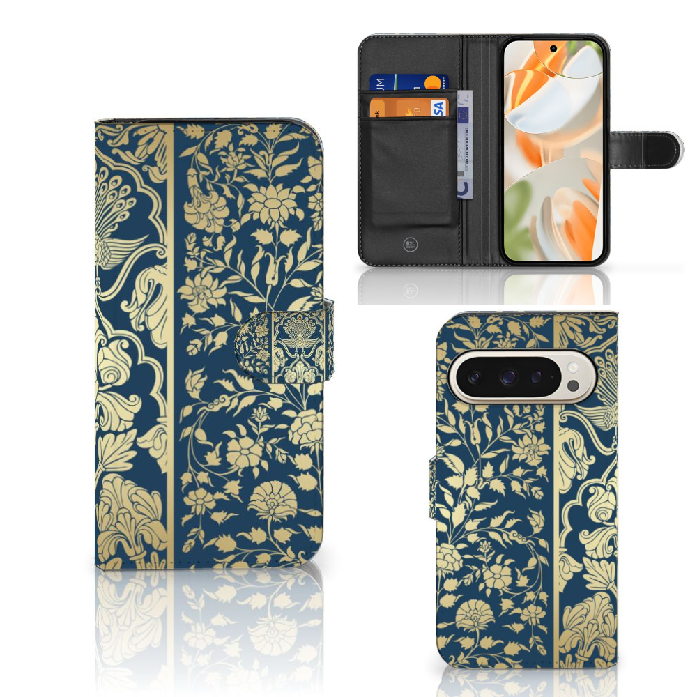 Google Pixel 9 | 9 Pro Hoesje Beige Flowers bookcase design bloemen donkerblauw