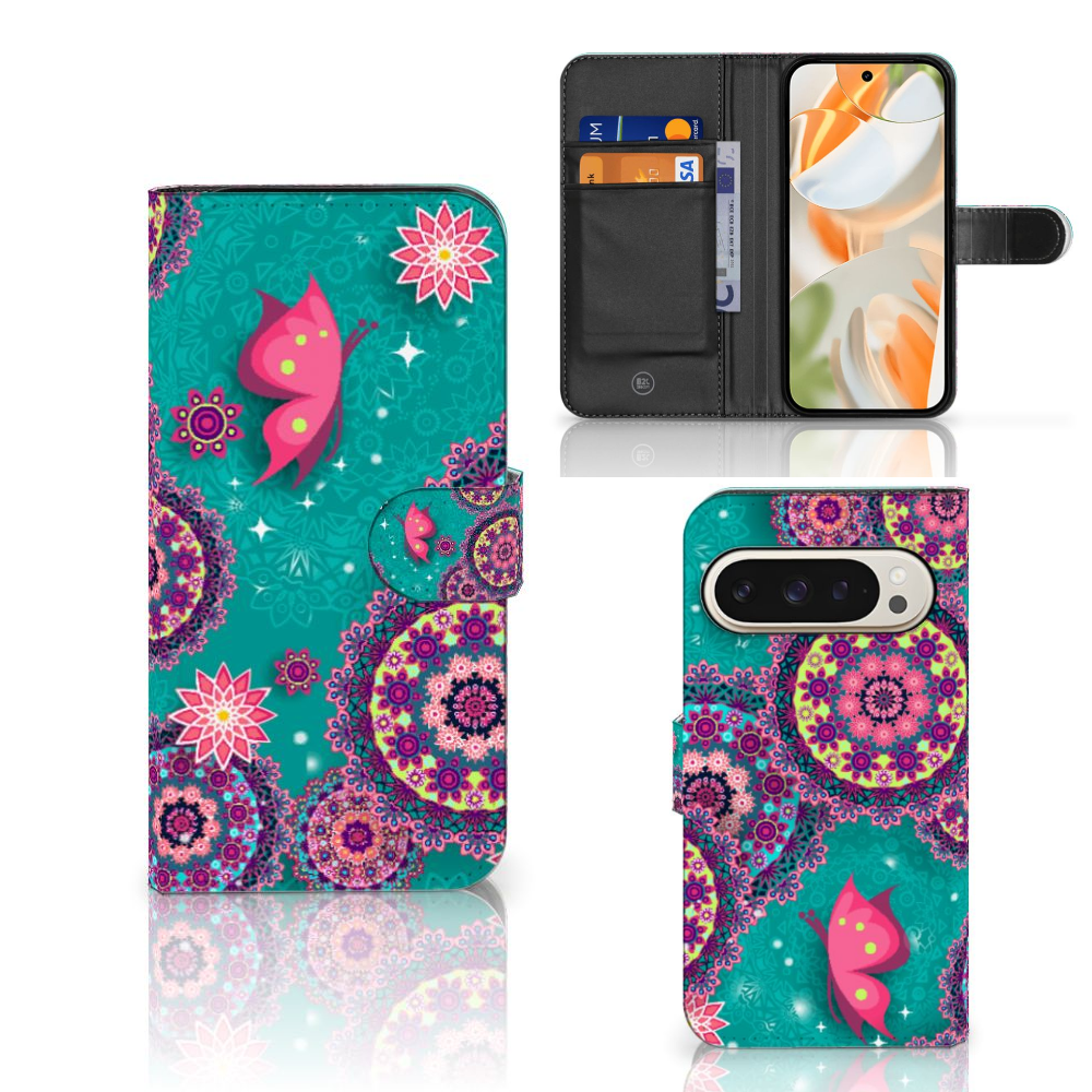 Google Pixel 9 | 9 Pro Hoesje Cirkels en Vlinders bookstyle case design vlinders cirkels aanzicht