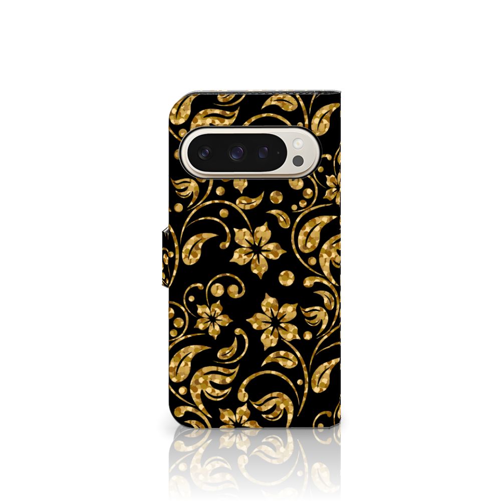 Google Pixel 9 | 9 Pro Hoesje Gouden Bloemen telefoonhoesje gouden bloemen design vooraanzicht