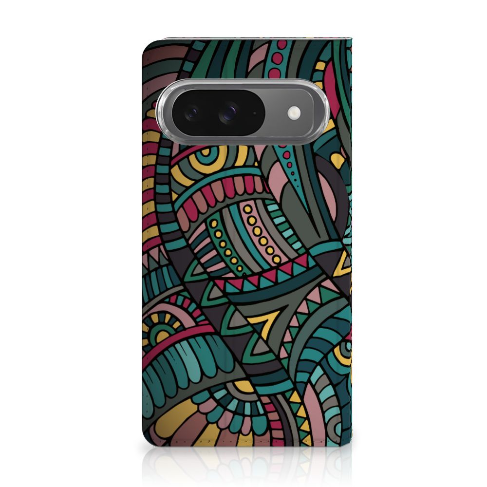 Google Pixel 9 | 9 Pro Hoesje met Magneet Aztec artistiek design retro kleurrijk aanzicht