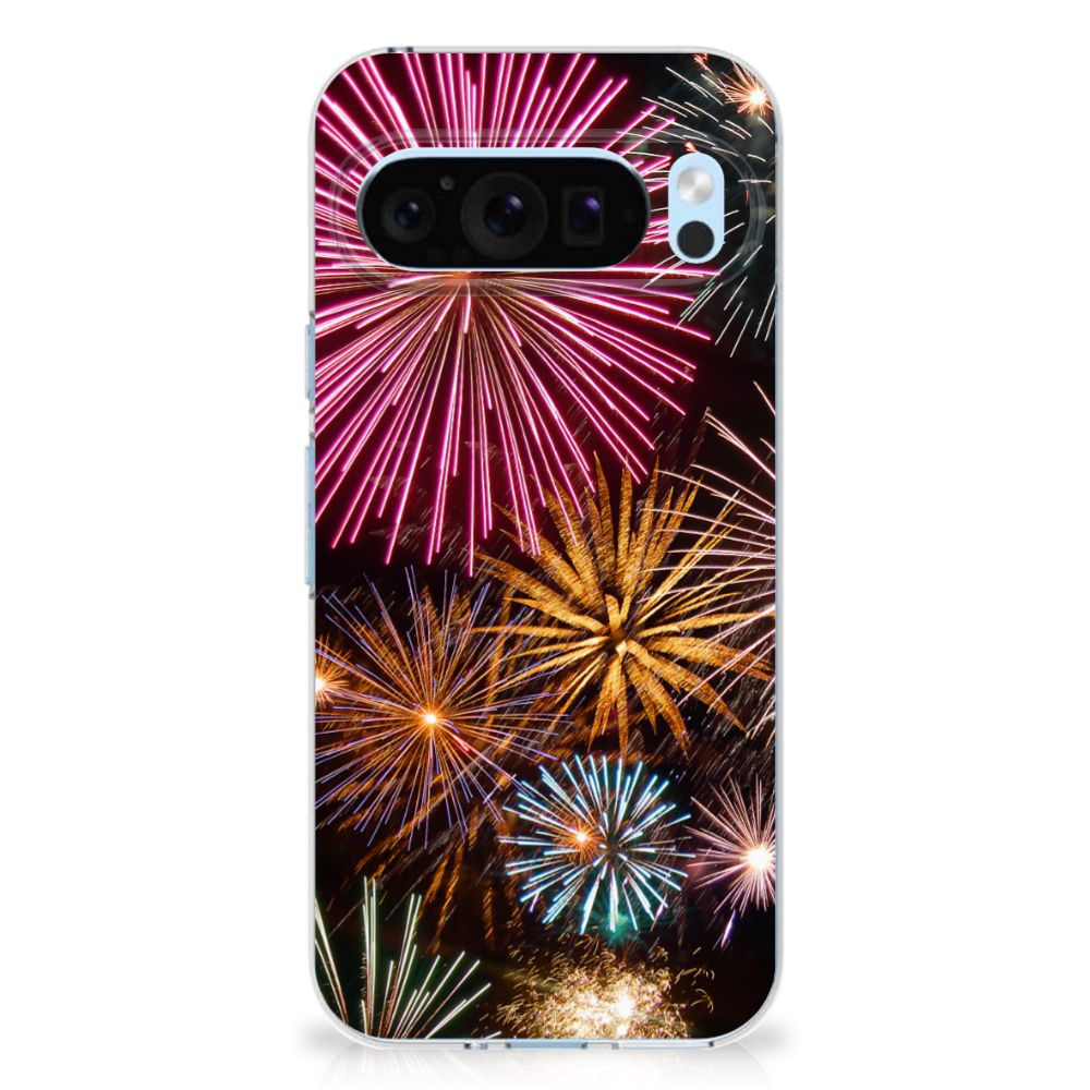 Google Pixel 9 | 9 Pro Silicone Back Cover Vuurwerk siervuurwerk kleuren aanzicht