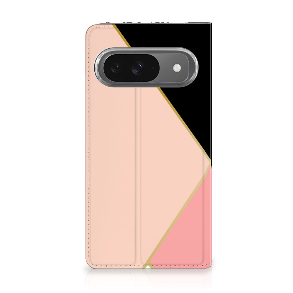 Google Pixel 9 | 9 Pro Stand Case Zwart Roze Vormen print standcase aanzicht