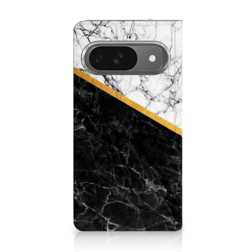 Google Pixel 9 | 9 Pro Standcase Marmer Wit Zwart - Origineel Cadeau Man hoesje zwartwit marmer voorkant
