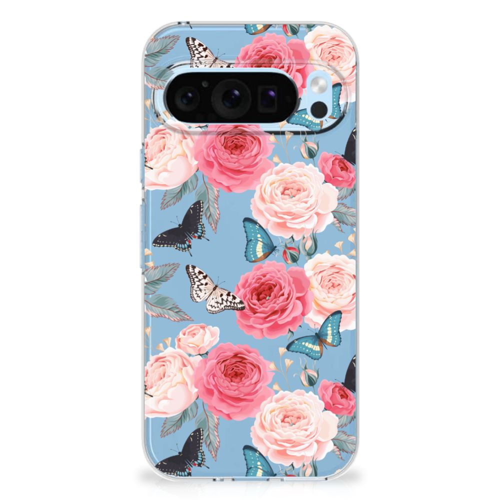 Google Pixel 9 | 9 Pro TPU Case Butterfly Roses bloemen vlinders achterkant