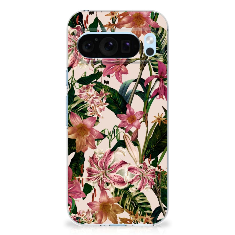 Google Pixel 9 | 9 Pro TPU Case Flowers bloemen roze bladeren aanzicht