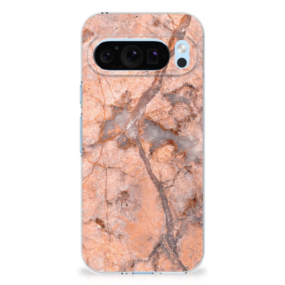 Google Pixel 9 | 9 Pro TPU Siliconen Hoesje Marmer Oranje achterkant