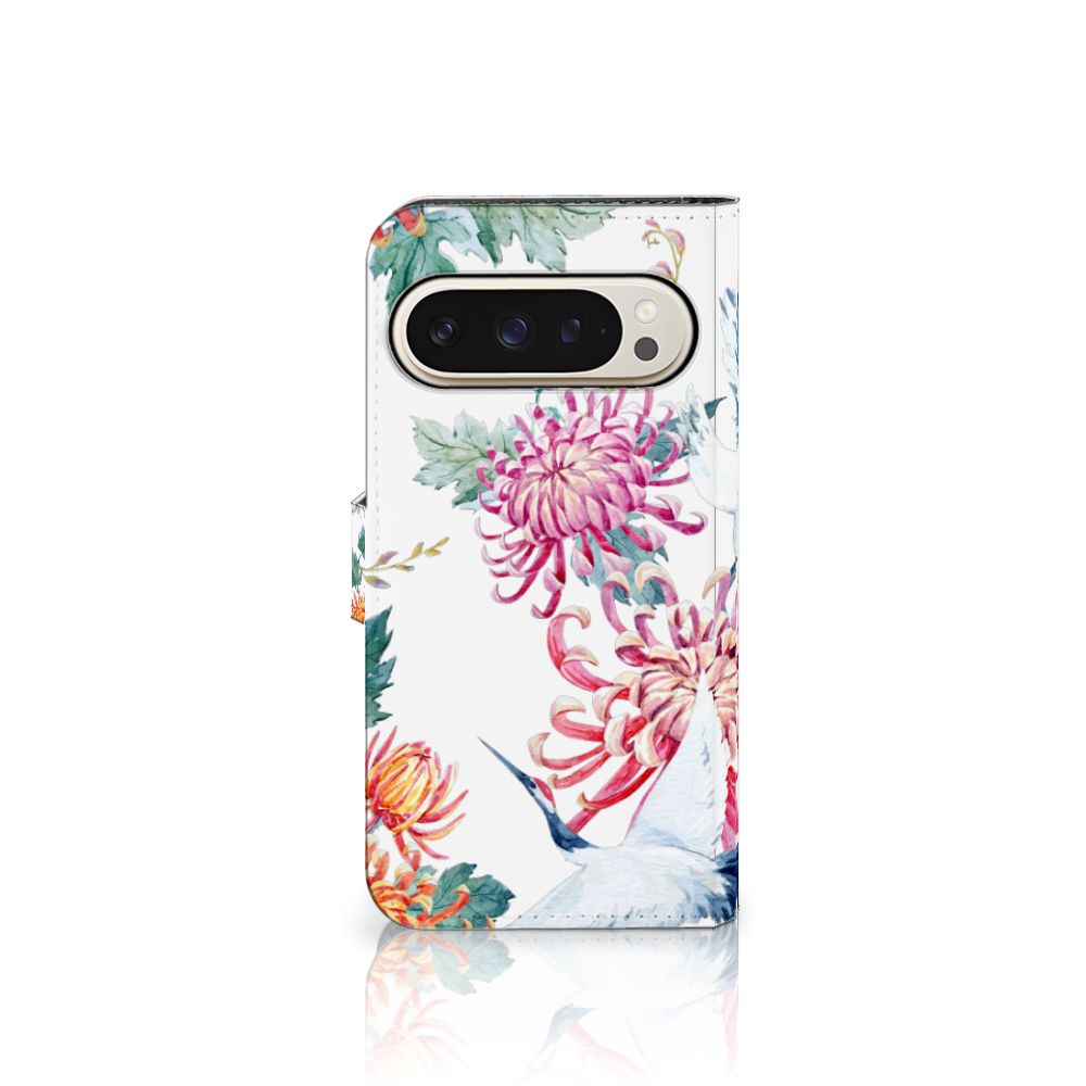Google Pixel 9 | 9 Pro Telefoonhoesje met Pasjes Bird Flowers ontwerp bloemen kleurig aanzicht