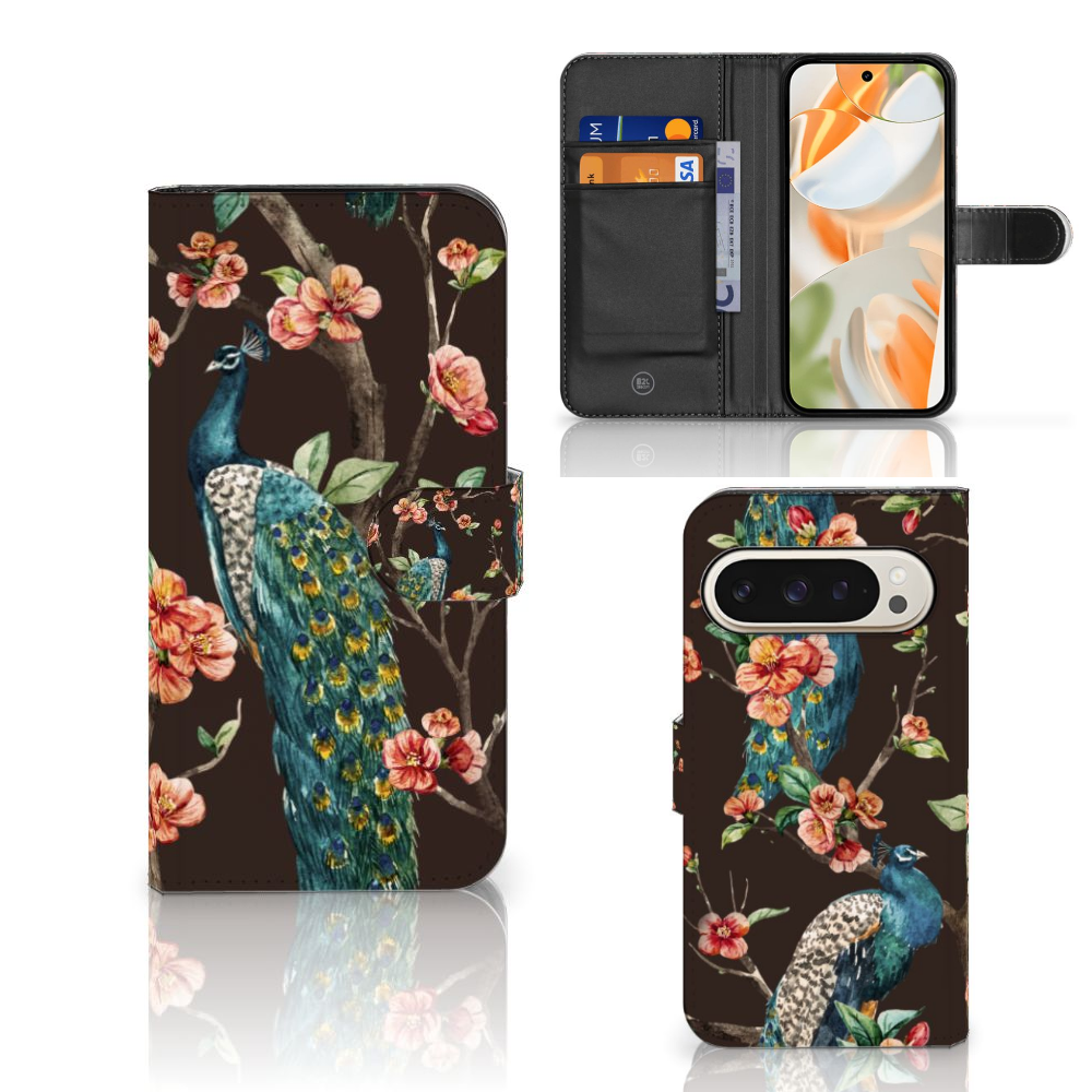 Google Pixel 9 | 9 Pro Telefoonhoesje met Pasjes Pauw met Bloemen design pauw bloemen aanzicht