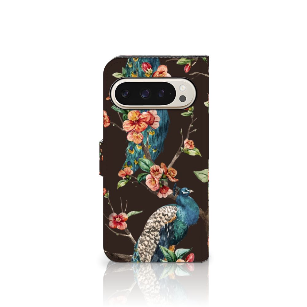 Google Pixel 9 | 9 Pro Telefoonhoesje met Pasjes Pauw met Bloemen ontwerp voorkant