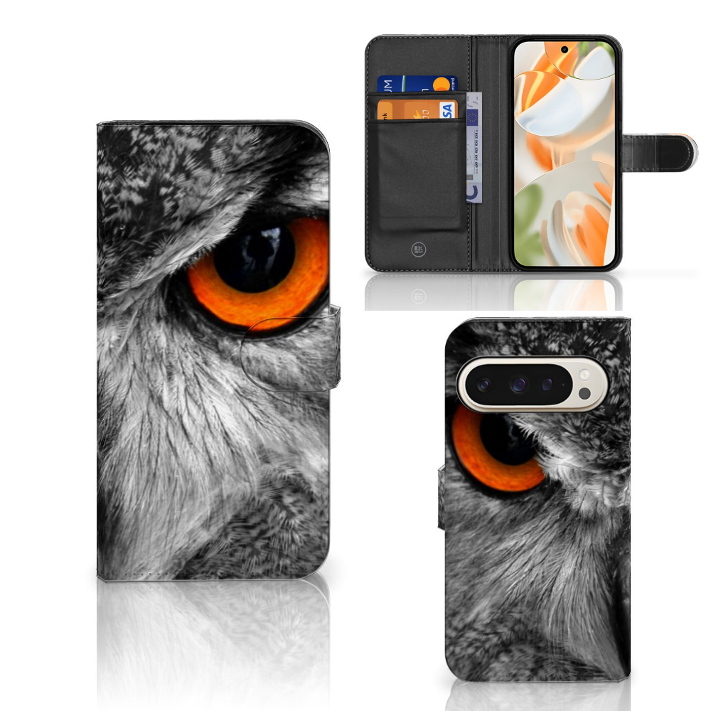 Google Pixel 9 | 9 Pro Telefoonhoesje met Pasjes Uil uil design aanzicht