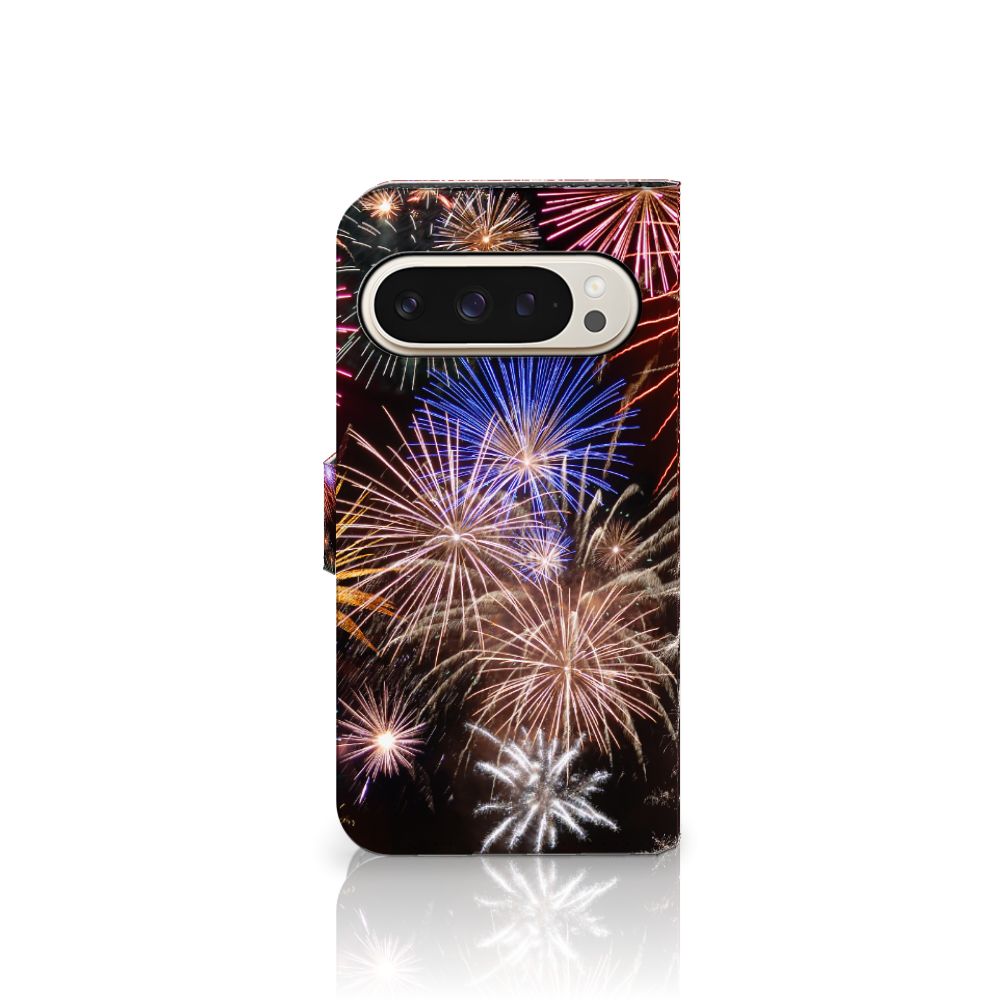 Google Pixel 9 | 9 Pro Wallet Case met Pasjes Vuurwerk siervuurwerk kleurrijk aanzicht