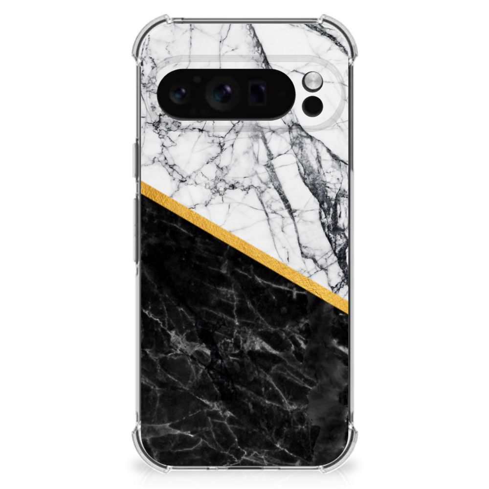 Google Pixel 9 Pro XL Anti-Shock Hoesje Marmer Wit Zwart design marble design voorkant