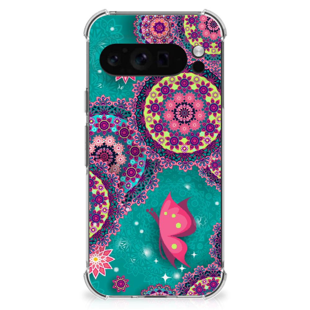 Google Pixel 9 Pro XL Back Cover Cirkels en Vlinders achterkant roze vlinder cirkels