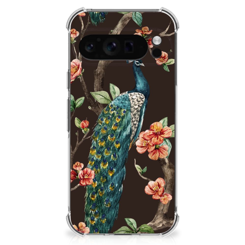 Google Pixel 9 Pro XL Case Anti-shock Pauw met Bloemen peacock flowers design close-up