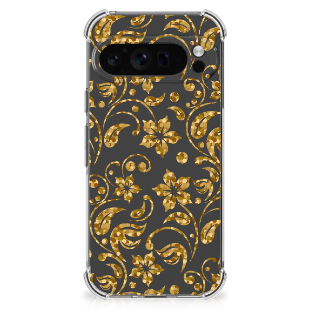 Google Pixel 9 Pro XL Case Gouden Bloemen achterkant design bloemen