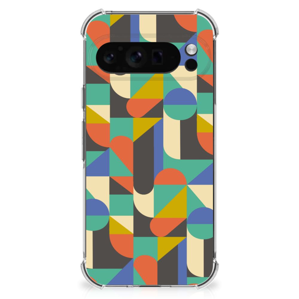 Google Pixel 9 Pro XL Doorzichtige Silicone Hoesje Funky Retro design kleurrijke abstracte geometrische vormen