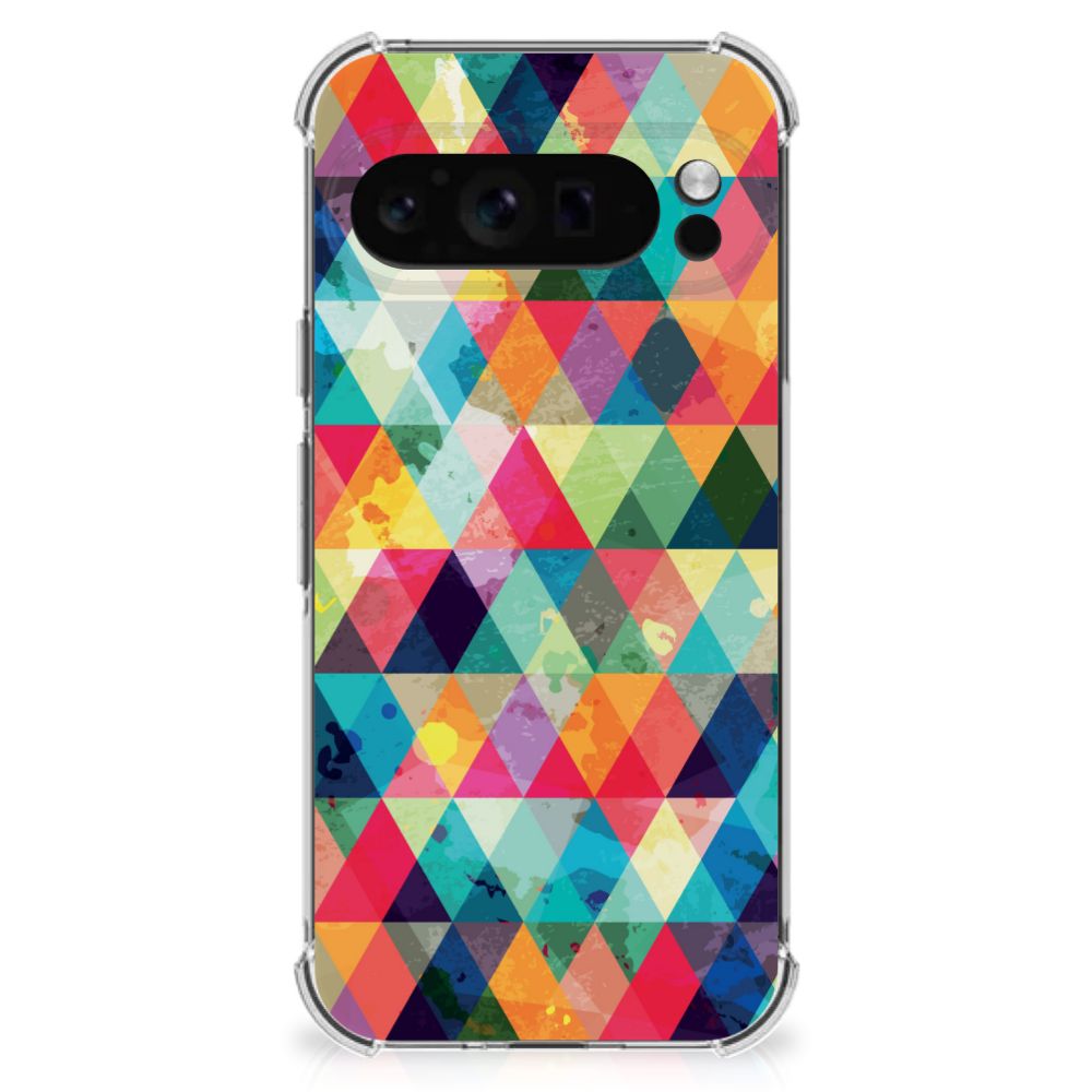Google Pixel 9 Pro XL Doorzichtige Silicone Hoesje Geruit kleurrijk design geometrisch patroon