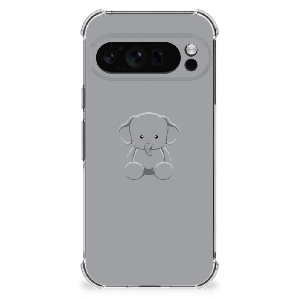 Google Pixel 9 Pro XL Stevig Bumper Hoesje Grijs Baby Olifant achteraanzicht