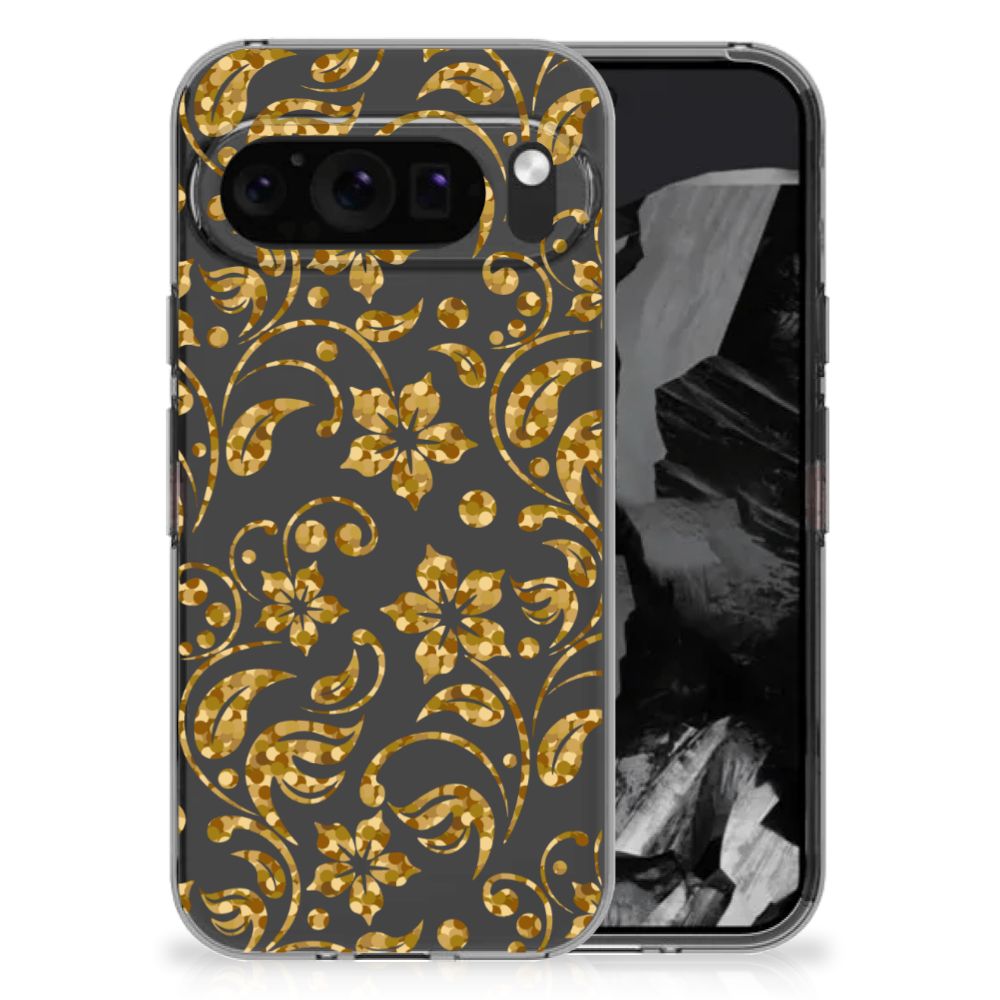 Google Pixel 9 Pro XL TPU Case Gouden Bloemen achterkant gold floral design