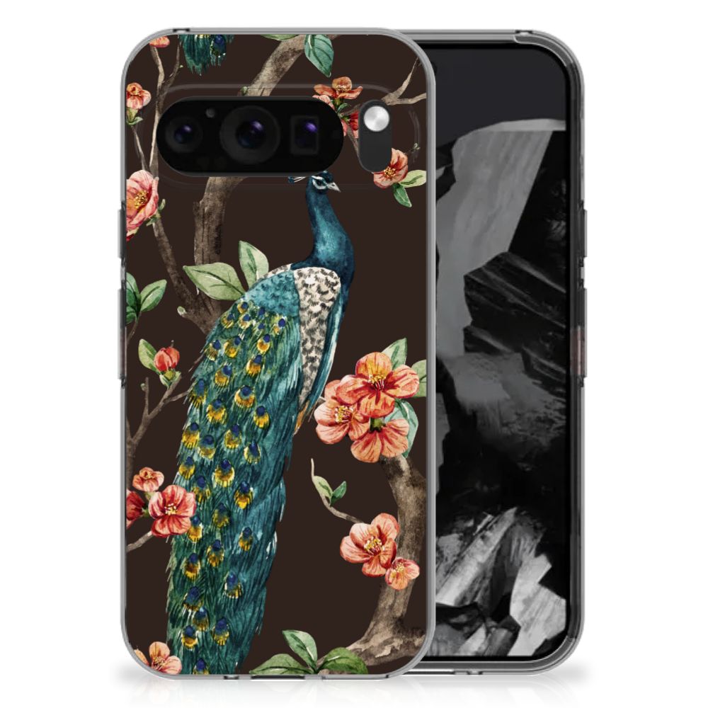 Google Pixel 9 Pro XL TPU Hoesje Pauw met Bloemen pauw bloemen zwart