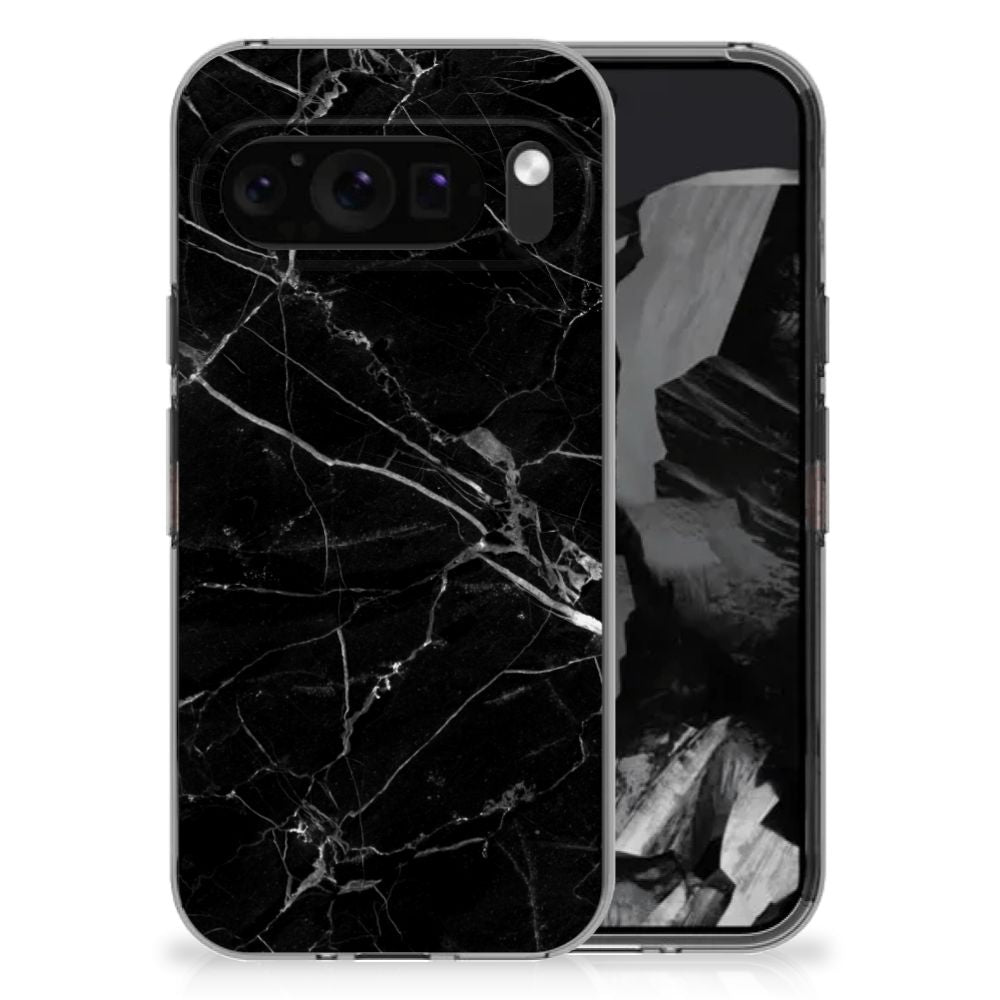 Google Pixel 9 Pro XL TPU Siliconen Hoesje Marmer Zwart design zwart marmer aanzicht