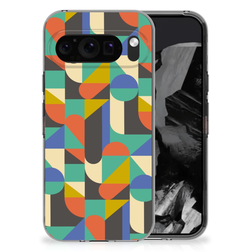 Google Pixel 9 Pro XL TPU bumper Funky Retro achterkant kleurrijk geometrisch ontwerp