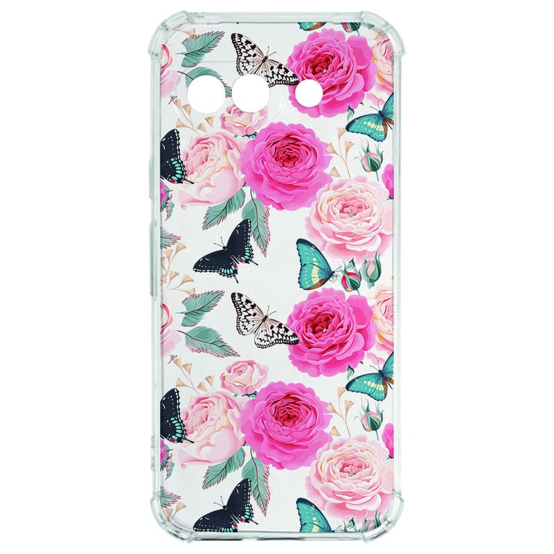 Google Pixel 9a Hoesje Butterfly Roses TPU Antishock bloemenprint vlinders voorkant