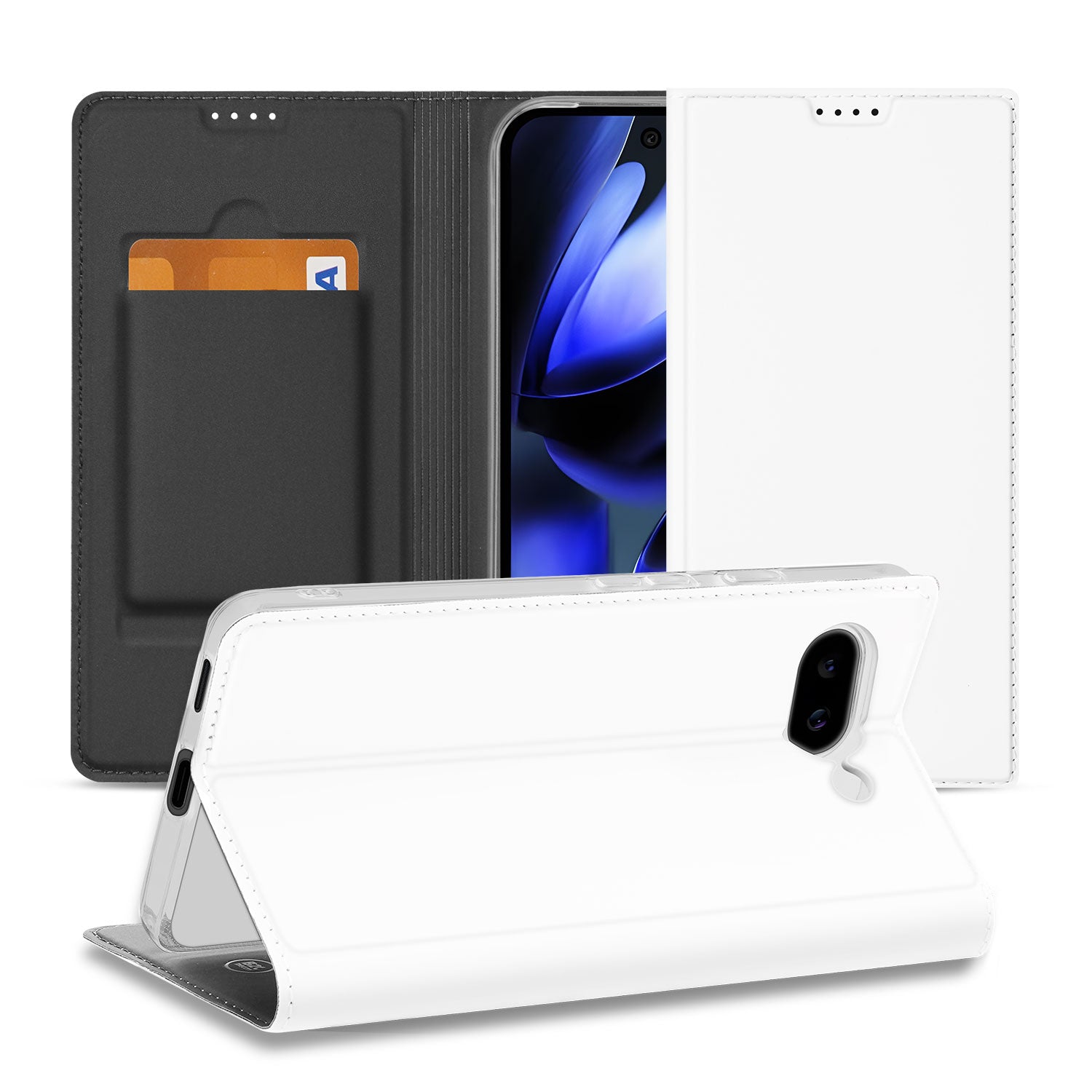 Google Pixel 9a Stand Case Hoesje Wit met Magnetische Sluiting designnaam vooraanzicht