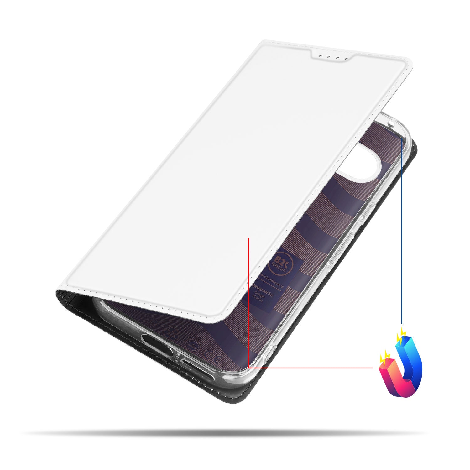 Google Pixel 9a Stand Case Hoesje Wit met Magnetische Sluiting design naam aanzicht