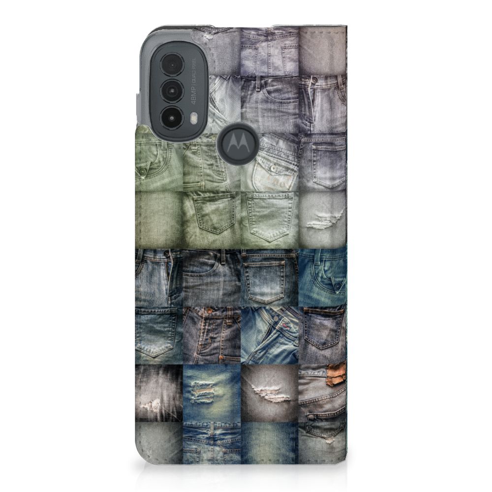 Hippe Standcase Motorola Moto E20 Spijkerbroeken design spijkerbroek aanzicht