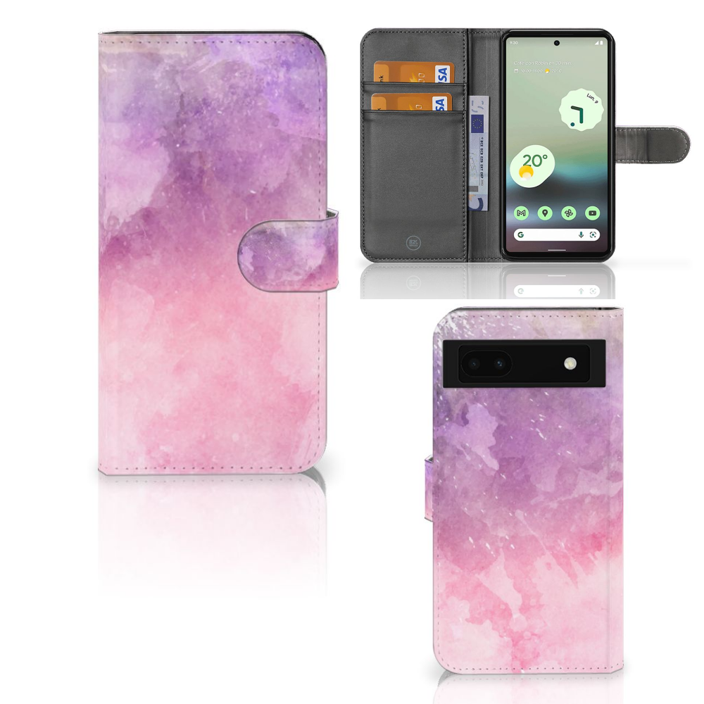 Hoesje Google Pixel 6A Pink Purple Paint bookcase roze paars schilderachtig ontwerp aanzicht
