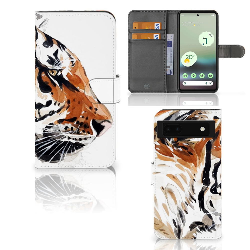 Hoesje Google Pixel 6A Watercolor Tiger hoesje tijger design voorkant en binnenkant