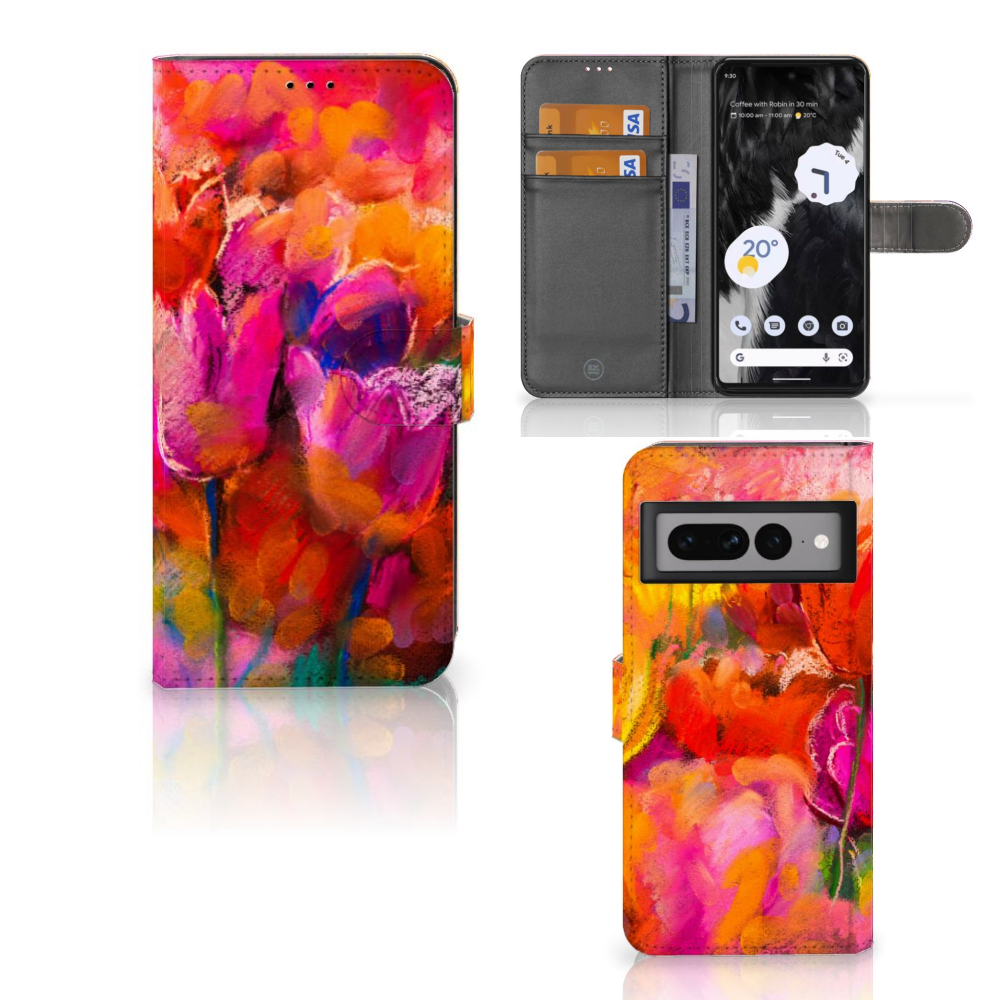 Hoesje Google Pixel 7 Pro Tulips telefoonhoesje tulpen design kleurrijk aanzicht