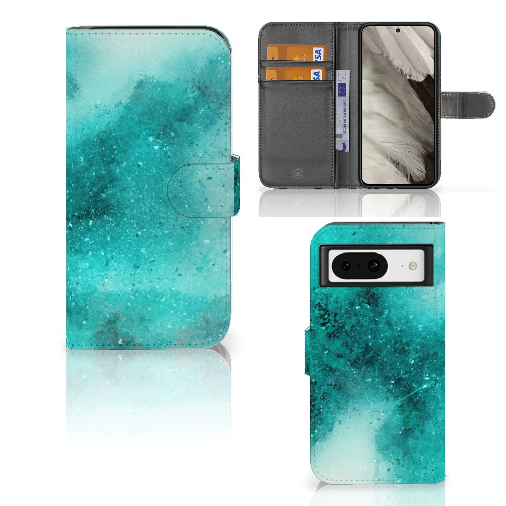 Hoesje Google Pixel 8 Painting Blue met ruimte voor 3 pasjes en een prachtig blauw palet design. 🎨
