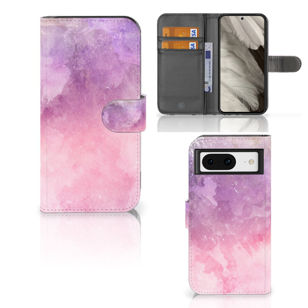 Hoesje Google Pixel 8 Pink Purple Paint bookcase model pink paarse verf aanzicht