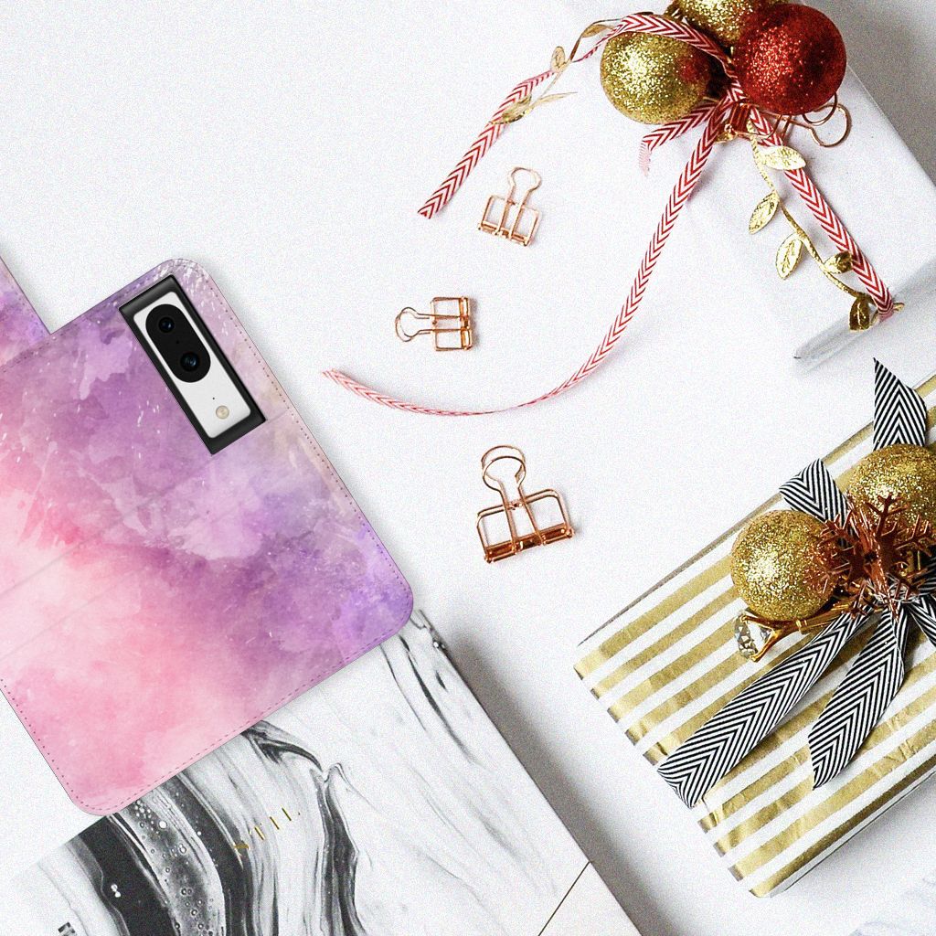 Hoesje Google Pixel 8 Pink Purple Paint bookcase model design kleurrijk aanzicht