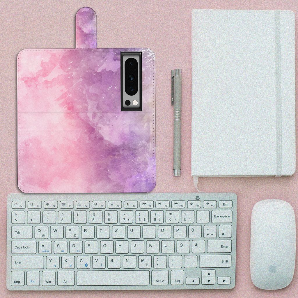 Hoesje Google Pixel 8 Pro Pink Purple Paint bookcase model pink paarse verf bovenaanzicht