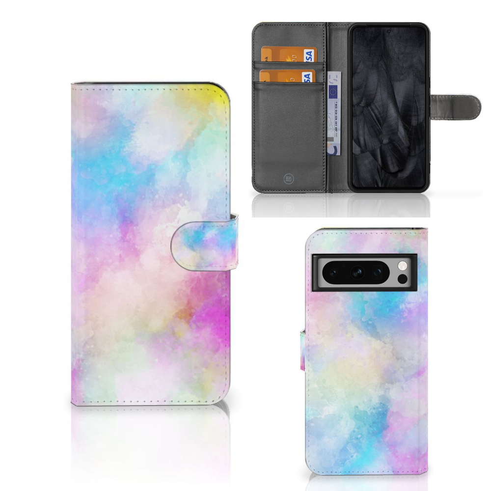 Hoesje Google Pixel 8 Pro Watercolor Light met pasjeshouder en kleurrijke watercolor design.