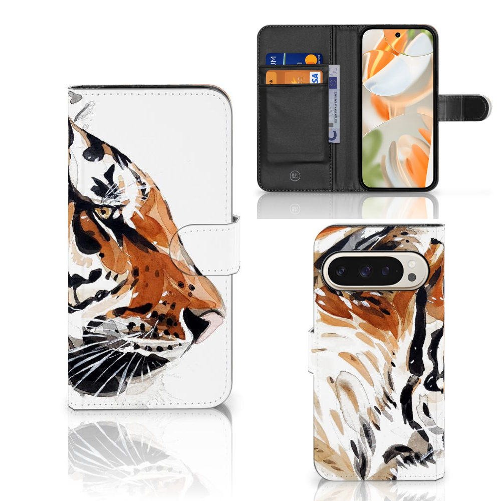 Hoesje Google Pixel 9 | 9 Pro Watercolor Tiger tijger schilderij design voorkant binnenzijde