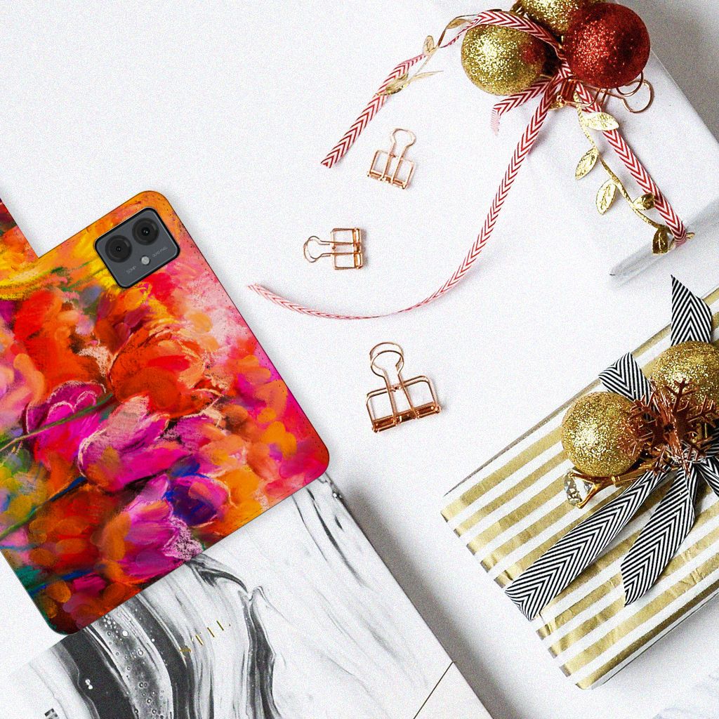 Hoesje Motorola Moto G14 Tulips design tulpen kleurrijk bovenaanzicht