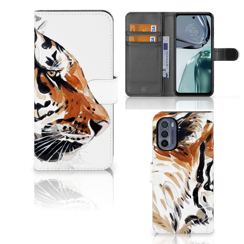 Hoesje Motorola Moto G62 5G Watercolor Tiger met magnetische sluiting en abstract tijgerdesign, ideaal als cadeau.