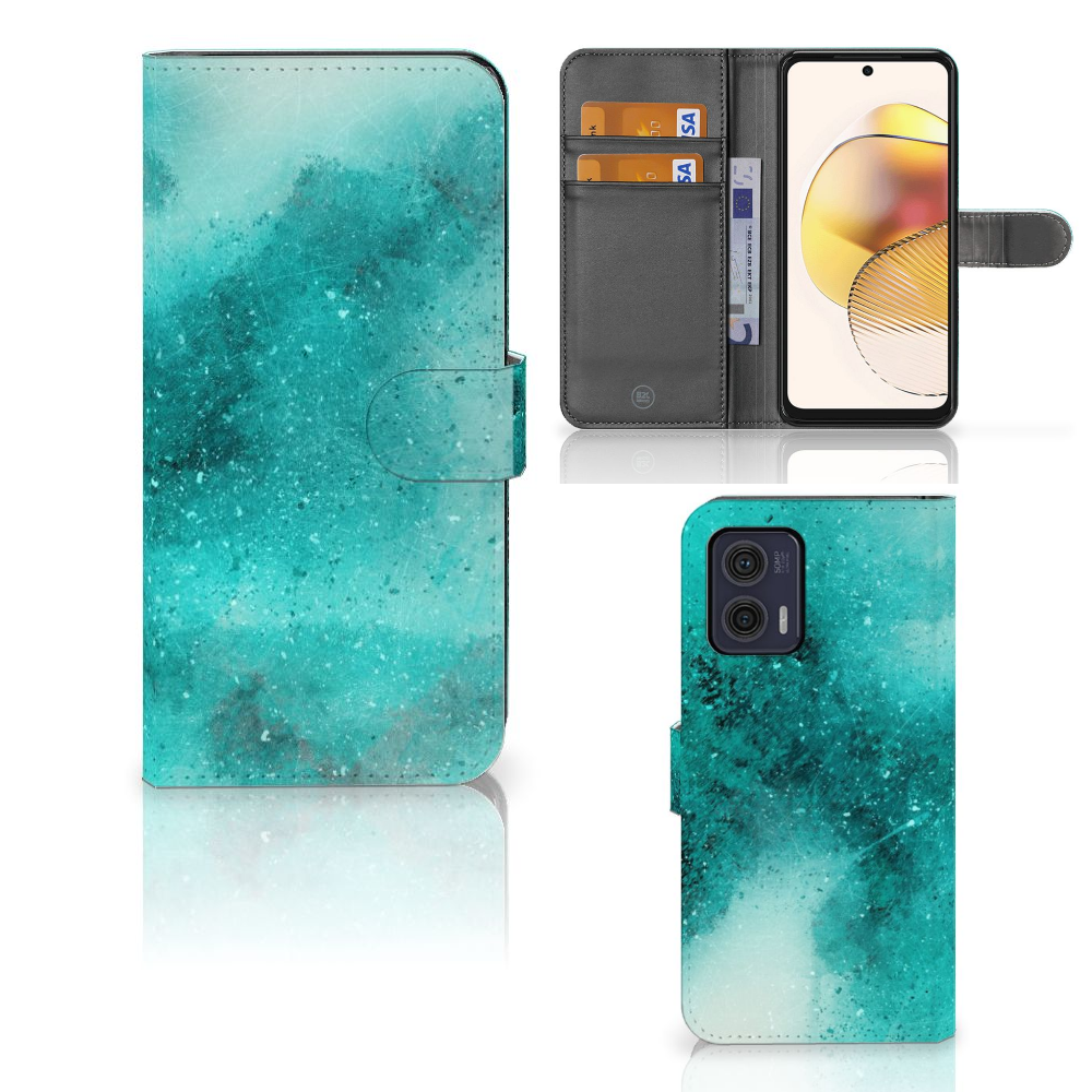 Motorola Moto G73 Hoesje Painting Blue bookcase aanzicht