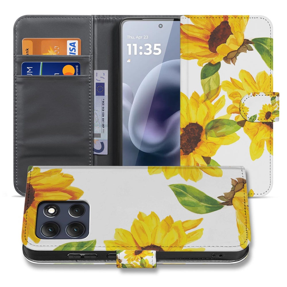 Motorola Moto G86 Hoesje Motorola Moto G86 Zonnebloemen Wallet Vooraanzicht.