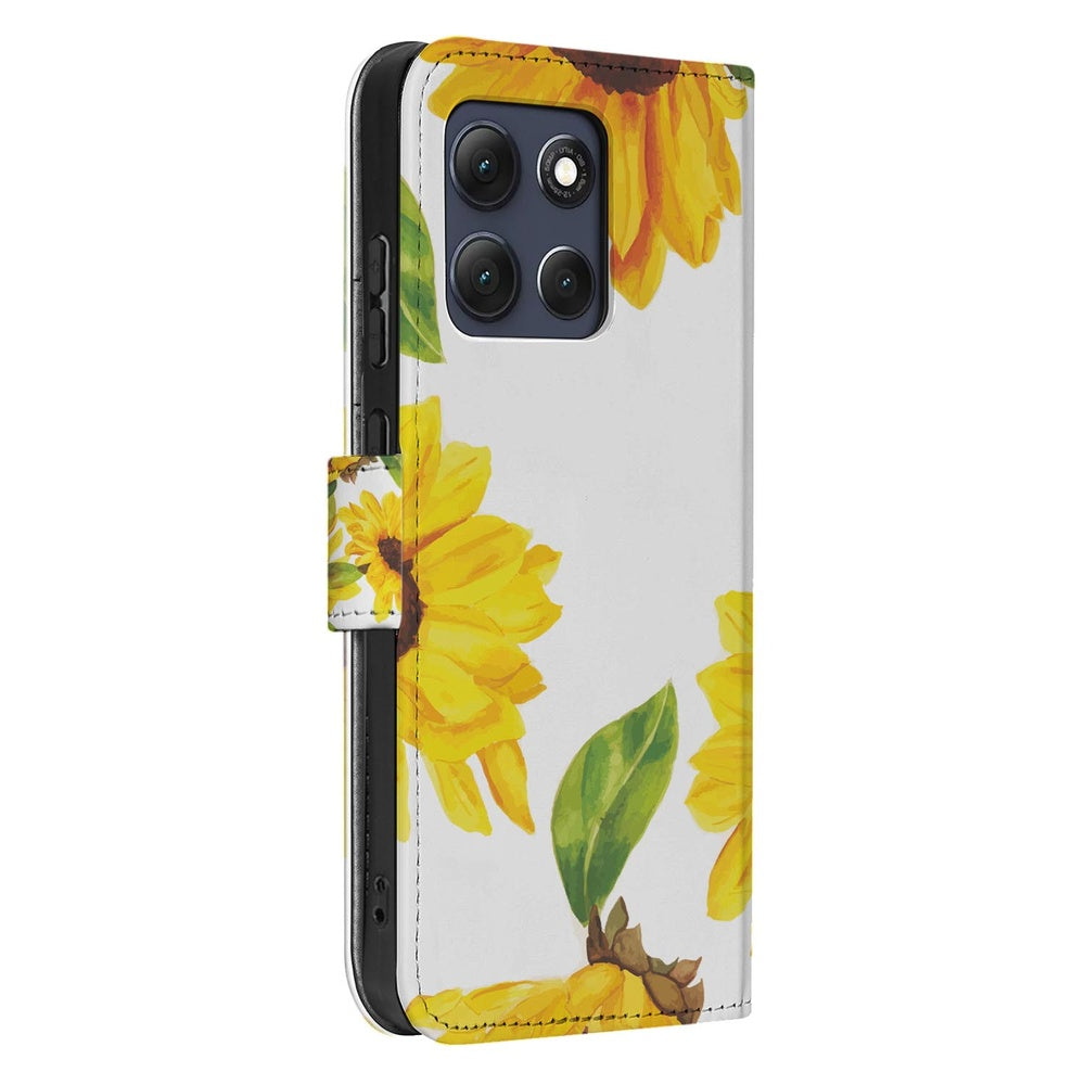 Motorola Moto G86 Hoesje Zonnebloemen Wallet Aanzicht zijkant.