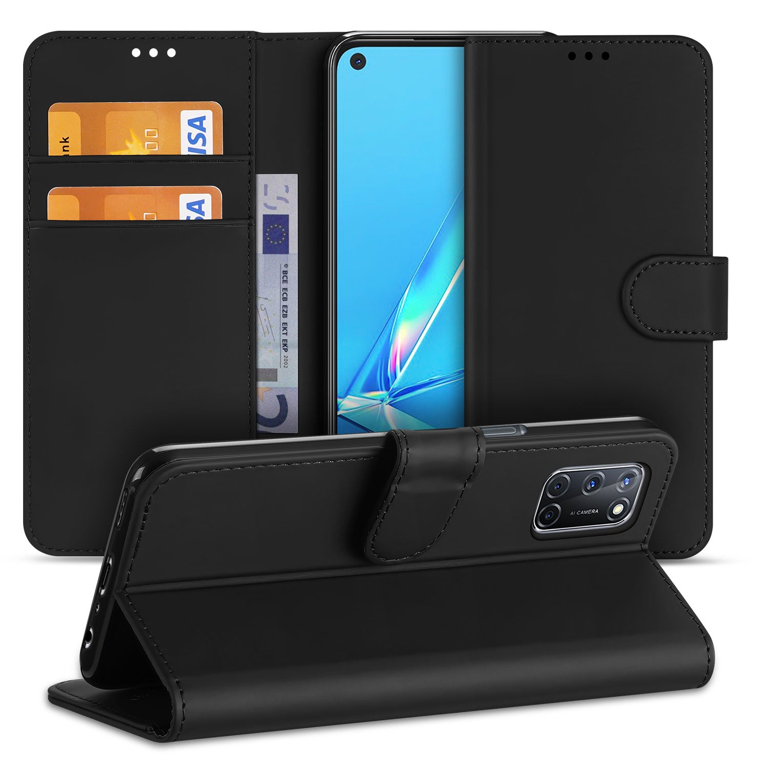 OPPO A52 A72 Hoesje OPPO A52 A72 Flip Cover Zwart met Pasjeshouder bookcase stand case zwart